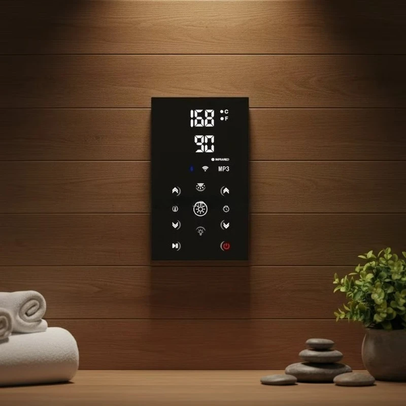 Optional Electric Bluetooth Sound System with Sleek Acrylic Touch Screen Sauna Controller Wall-mounted Near Your Sauna