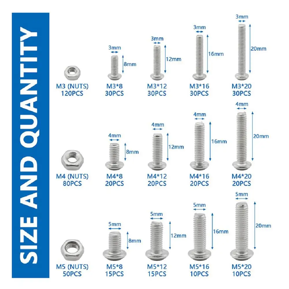Comprehensive M3/M4/M5 Hex Socket Screw Kit 500 Pieces Stainless Steel Bolts with Nuts and Washers for Professional and DIY Use