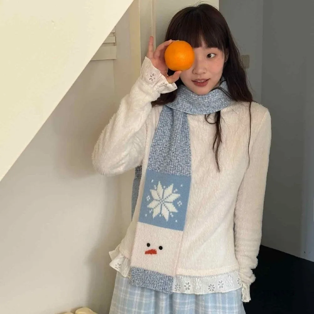 

Trendy Snowflake Snowman Pattern Scarf Korean Style Windproof Cashmere Blend Scarf Lightweight Blue Knitted Shawl Winter