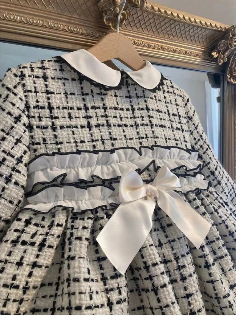 0-12Y Baby Girl Autumn Winter Black White Spanish Vintage Princess Lolita Gown Dress with Hat for Birthday Casual C275