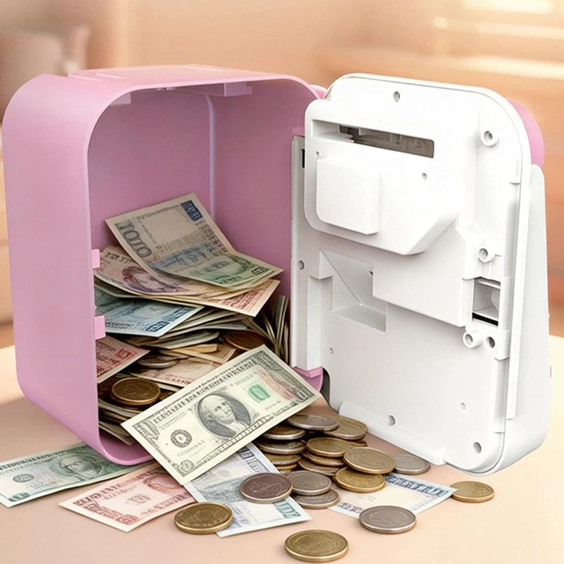 Pink Blue ATM Machine Money Bank with Face Unlock Fingerprint Safe Box Educational Music Coin Box for Kids Fun Learning