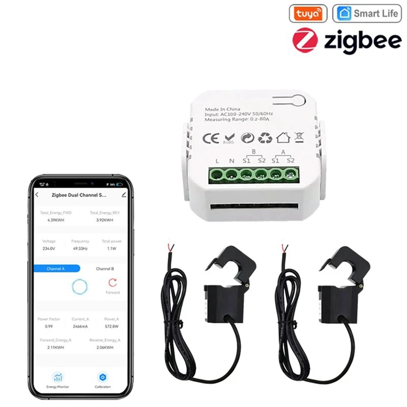 مقياس طاقة Zigbee الذكي من Tuya ، ثنائي الاتجاه ، مستشعر التيار ، تطبيق المشبك ، جهاز مراقبة ، 100-240VAC ، قناتان ، 2CT ، متين