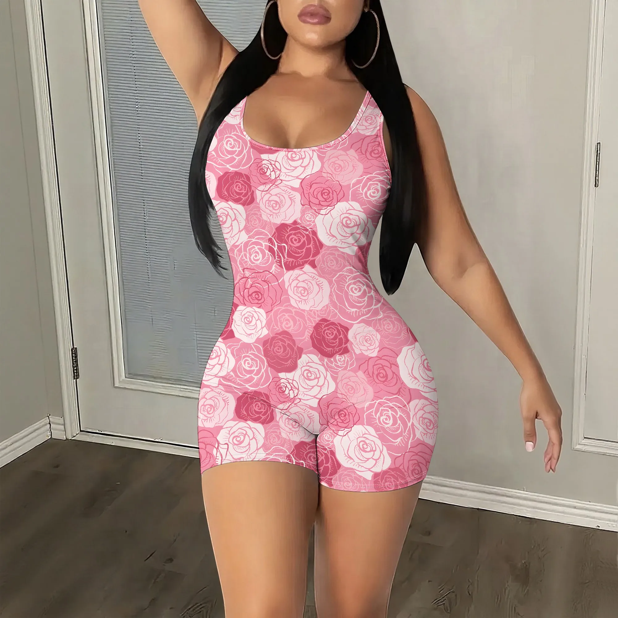 Pink Rose Print, Sleeveless Bodysuit, Floral Romper Playsuit, Casual Summer Wear for Women, S-2XL