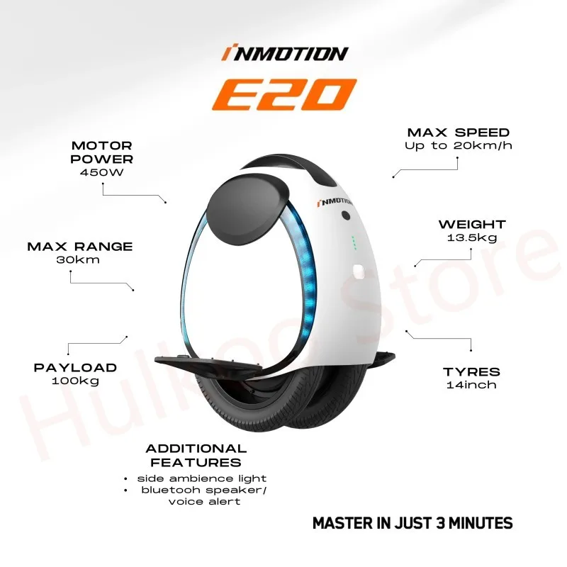 Original EU-Stock Inmotion E20 Electric Unicycle 54.6V 240Wh Battery 450W Motor 20KM/H Speed Two Wheel Self Balancing Scooter