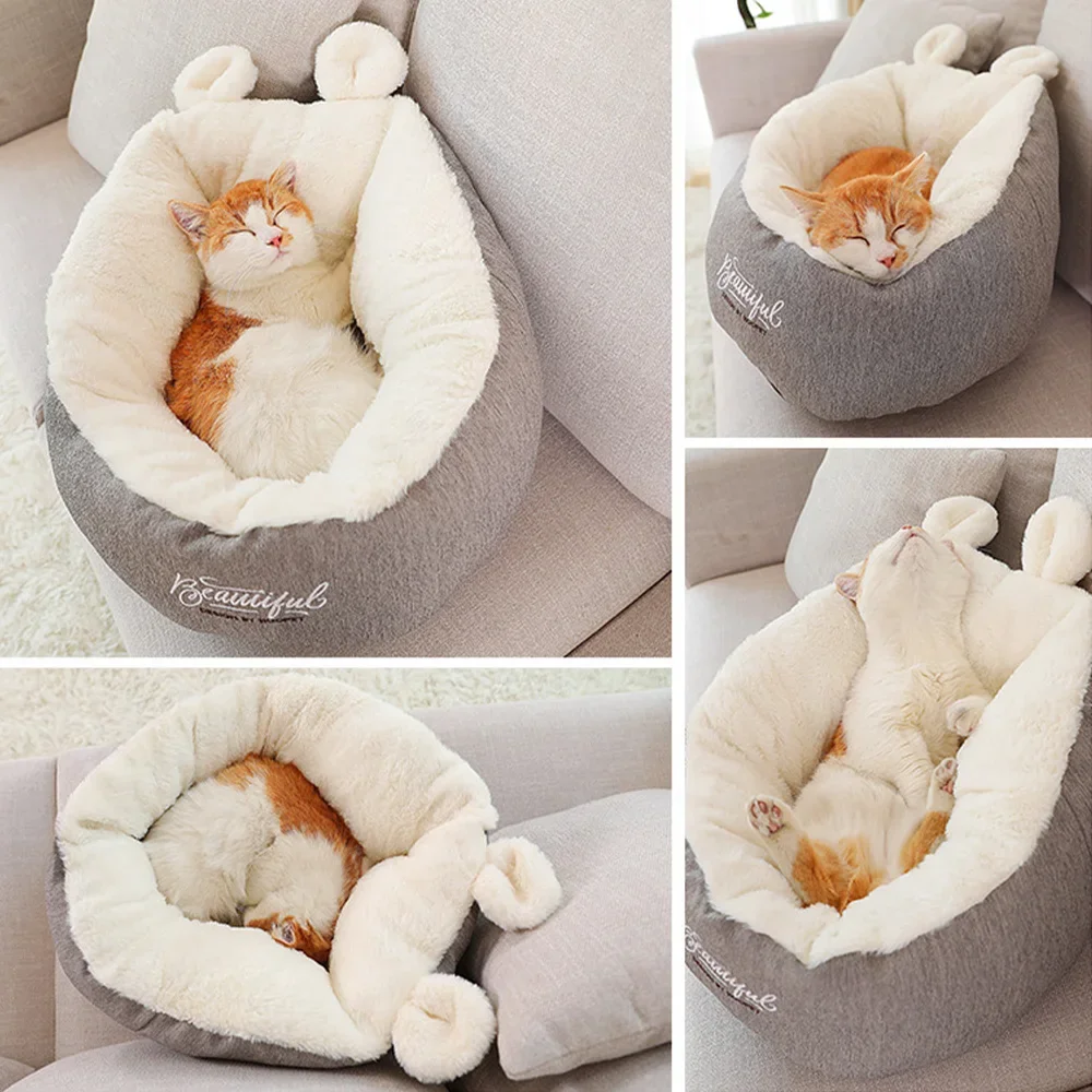 Cute Cat Nest Cushion Unique Soft Puppy Bed Novelty Washable Cozy Kitten Sleeping Bed Winter Cat Sofa Mat Grey Warm Comfortable