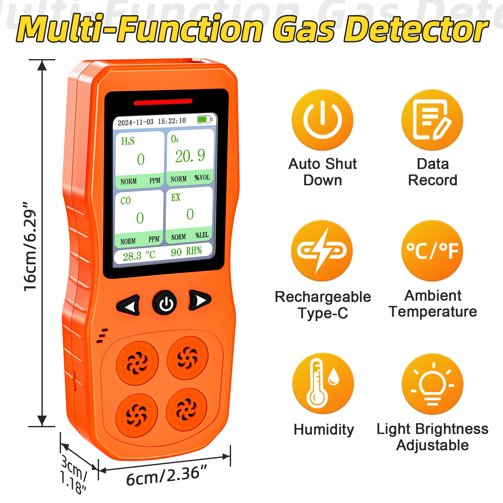 4 Gas Monitor for O2, CO, H2S, Combustible Gas Tester, Rechargeable 4 Gas Leak Detector with Sound,Light & Vibration Alarm