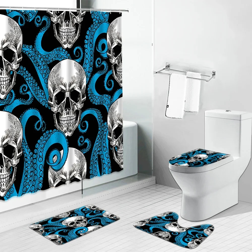 Funny Skull Skeleton Print Shower Curtain Set Halloween Festival Home Decor Bath Mat Toilet Lid Cover Flannel Bathroom Carpet