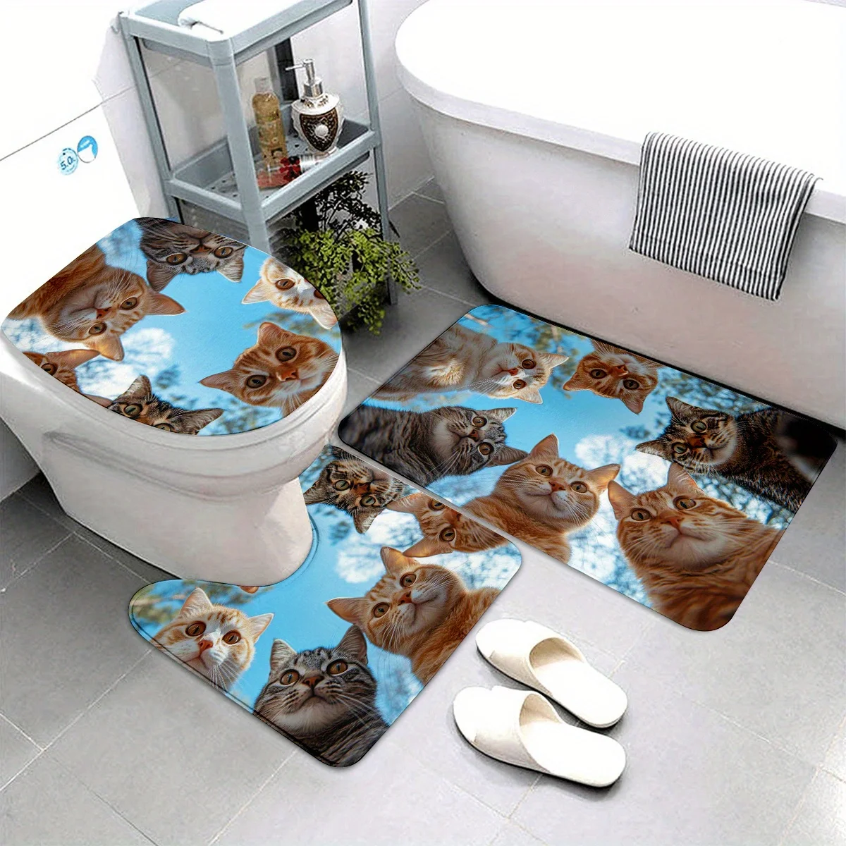 

3pcs Cute Cat Bathroom Rug Set - Soft, Washable Flannel Rugs, Including Bathroom Rug, Toilet Seat Cover and Shaped Rug - The Ide