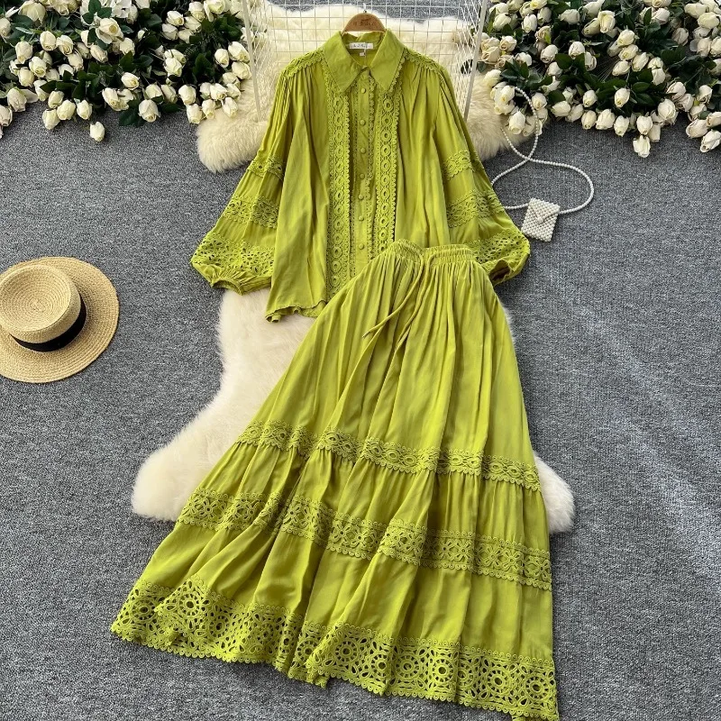 2025 Vestido largo elegante de encaje ahuecado para mujer, vestido liso con cuello en V, encaje de retales con recortes, camisa de manga larga, falda de medio cuerpo