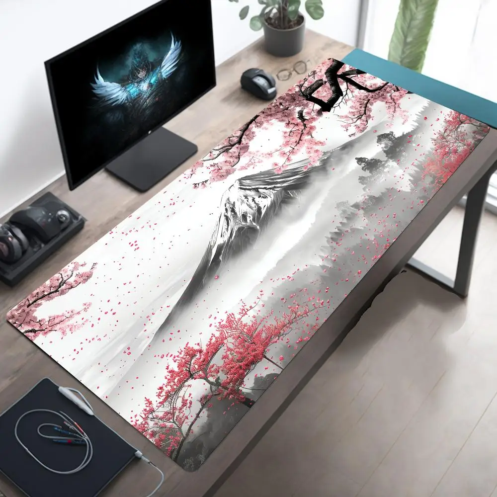 Art Aesthetics Mount Fuji and Cherry Blossom Design, большой коврик для мыши, настольный коврик с прошитыми краями, нескользящий прочный игровой коврик, офисный коврик