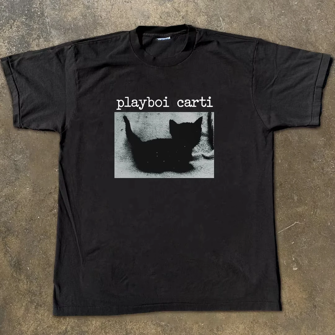

Playboi Carti Black Cat Print T-Shirt Loose Hip Hop Rap Heavy 250g Short Sleeve T-shirt Streets Unique Trendy