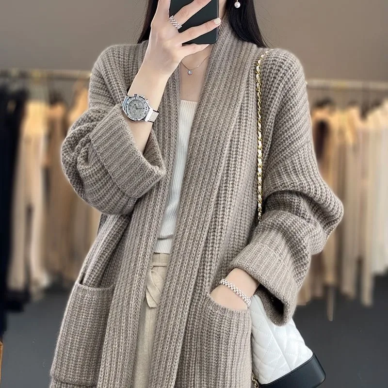 Women Autumn Simplicity Loose Office Lady Solid Color Long Sleeve Knitwear Women Clothes Casual All-match Knitting Cardigan Coat