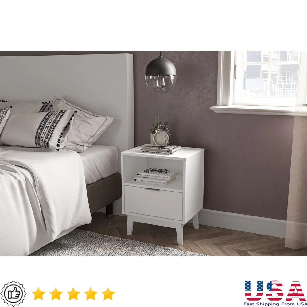 

Modern Nightstand with 1 Drawer and Open Shelf Engineered Wood Melamine Finish Bedroom Storage Assembly Required Stylish Design