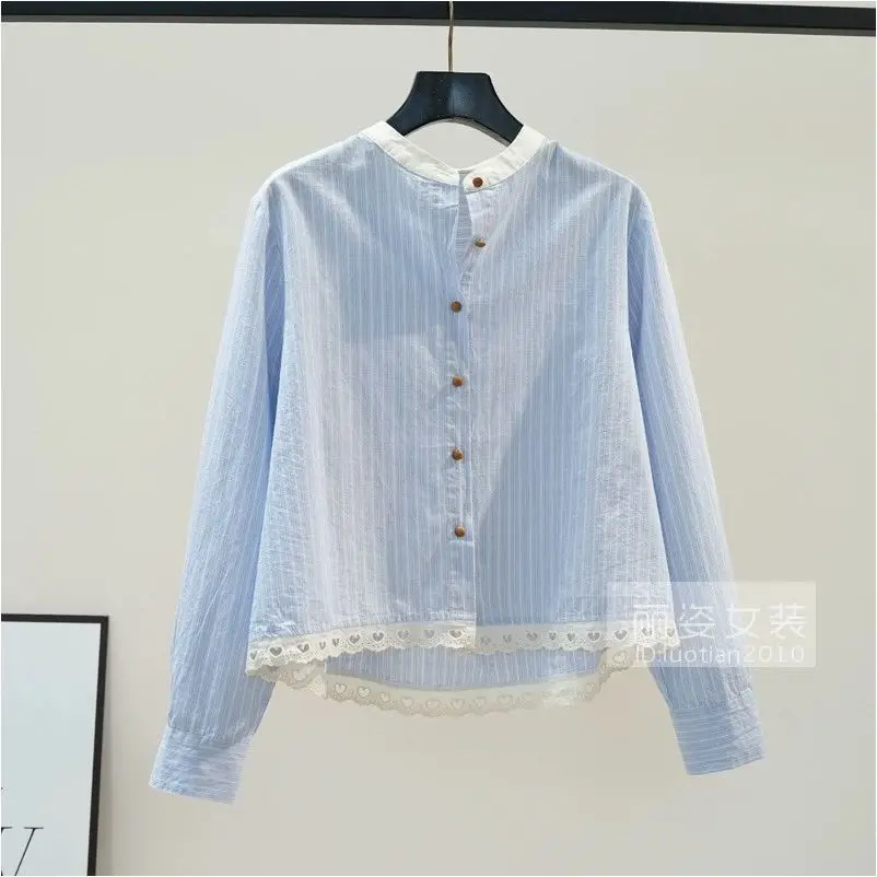 

White Stand Up Collar Patchwork Blue Striped Shirt For Women With Hollowed Out Embroidery Lace Loose Short Sleeved Cotton Shirt