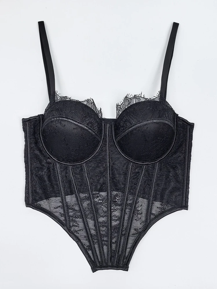 

SsTss Women Sexy Lace Bustier Spaghetti Strap Sleeveless Perspective Mesh Thin Irregular Hem Boned Corset Slim Hottie Outerwear