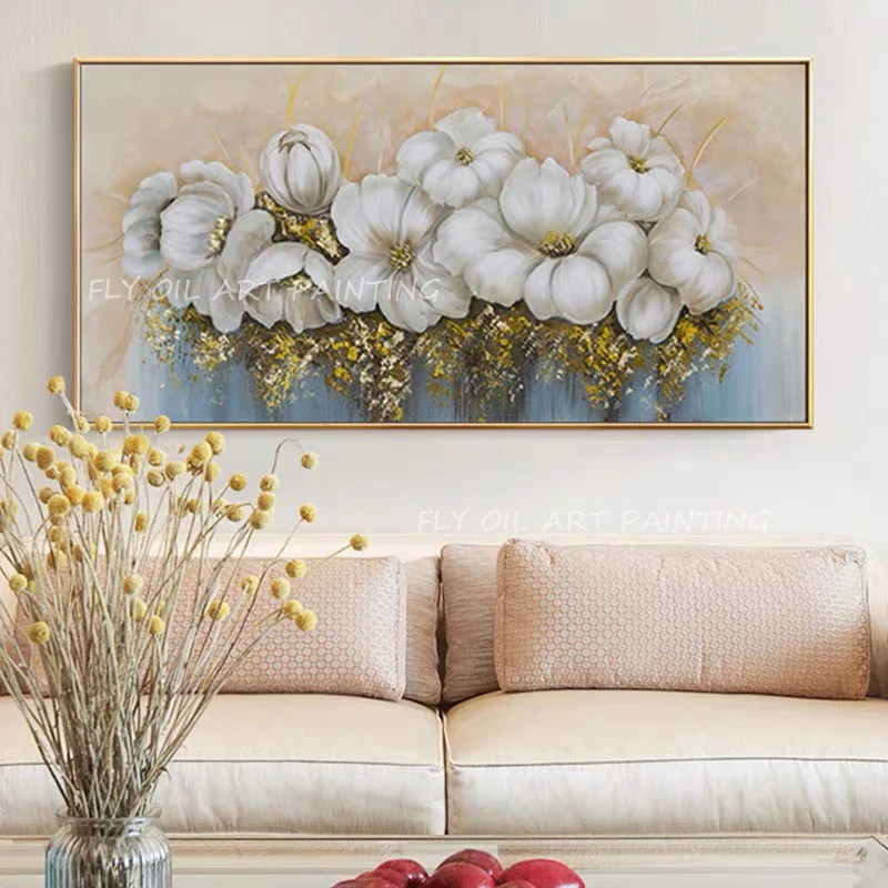 

100% Hand Painted large size white flower thick picture gold foil Oil Paintings for Living Room Home Decoration Frameless