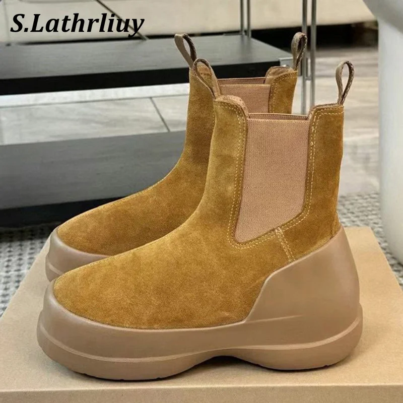 

Winter Flat Thick Bottom Non-slip Short Boots Women's Round Toe Suede Elastic Band Ankle Botas Real Wool Lining Warm Snow Boots