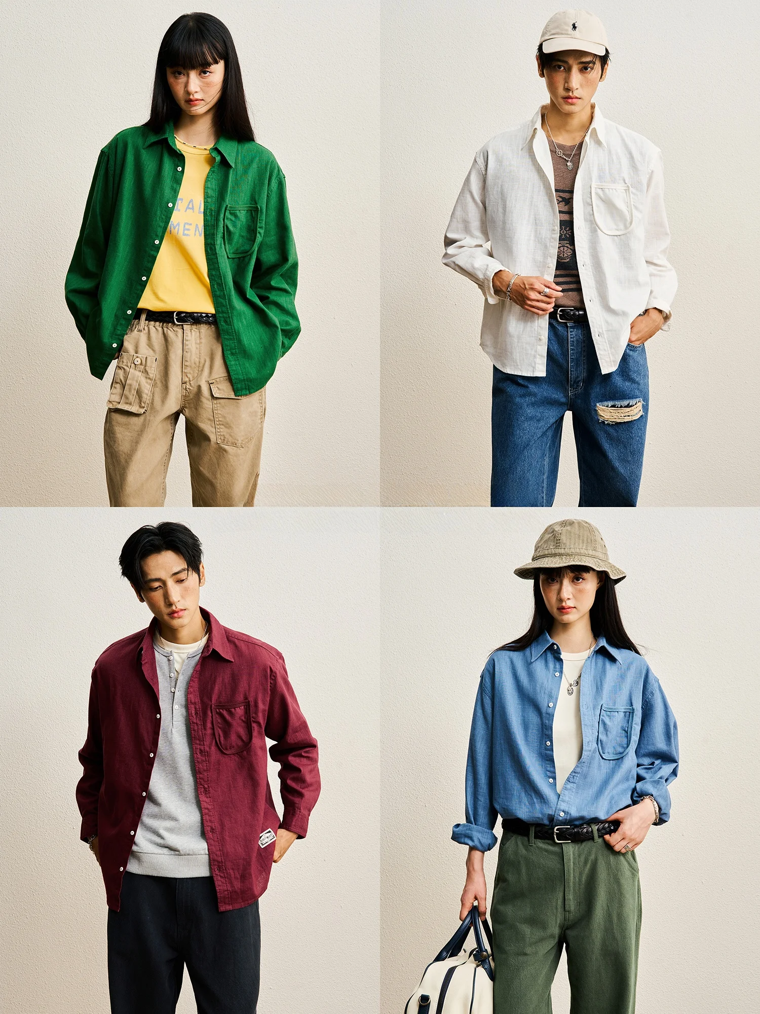 CENLES AW26 NCOLOR Series Linen  Pocket Pure Color Casual Loose Workwear Shirt Breathable Long Sleeve Button up Men's Shirt