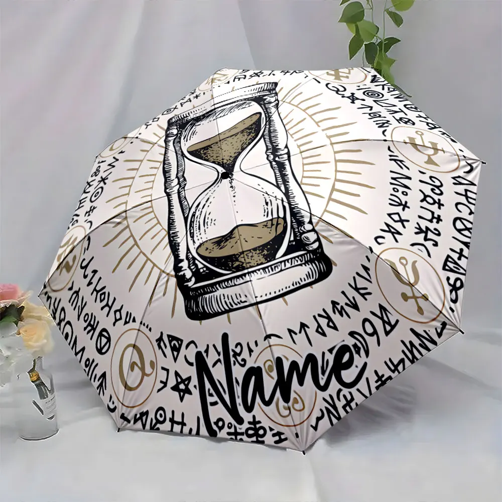 Custom Name Elegant Hourglass Umbrella with Mystical Symbols Print 8 Iron Ribs Folding Umbrella, Auto-Open Fashion Sunshade
