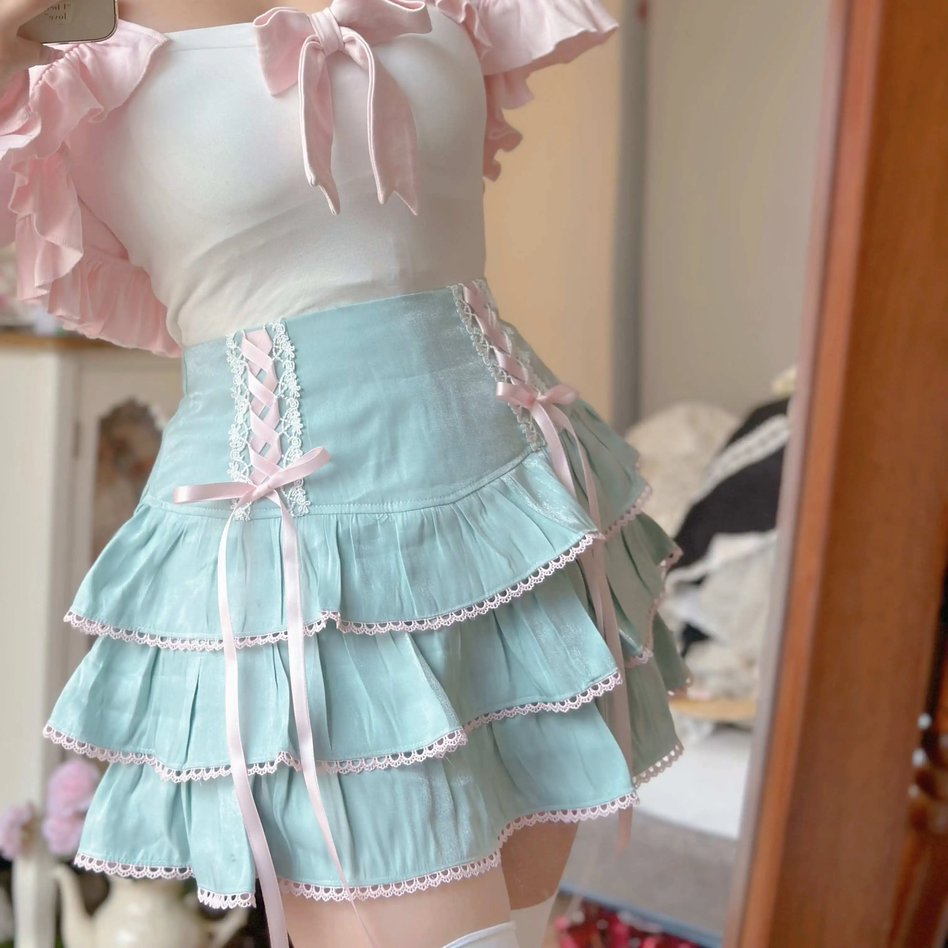 Lolita Tiered Mini Skirt Women Skorts Kawaii Layered Ruffle High Waist Lace Up A Line Cute Skirts for Teen Girls