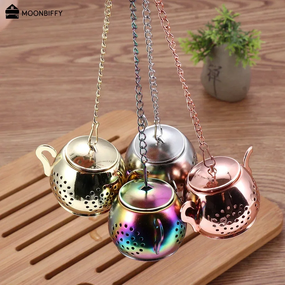 Colador de té de Metal con forma de tetera, Infusor de té suelto, máquina de té de hojas de acero inoxidable, colador, cadena, bandeja de goteo, filtro de hierbas y especias