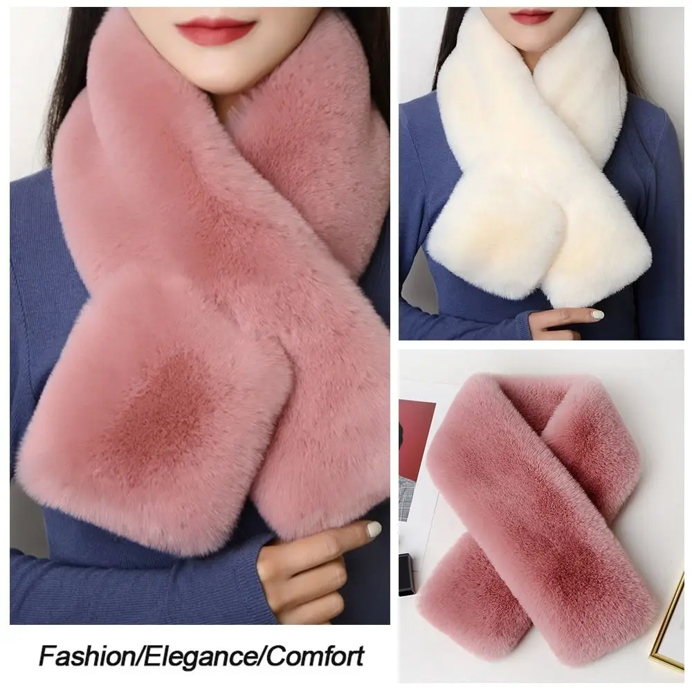 Cute Solid Color Cross Scarf Thicken Faux Rabbit Fur Neck Scarf Neck Warmer Girls