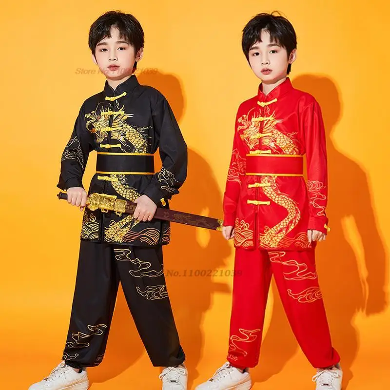 2025 chinese traditional kungfu uniform children wushu costume suit set dragon print folk performance stage outfit martial suit