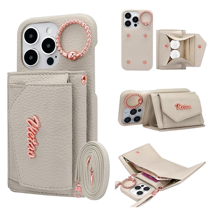 

VIETAO Crossbody Strap PU Leather Wallet Phone Case For iPhone 15 14 13 Pro Max, Girls Cell Phone Cover With Ring Holder, Purse