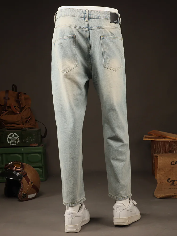 

Summer thin trendy brand American retro loose straight leg ripped jeans men's youth plus size fashionable cropped pants