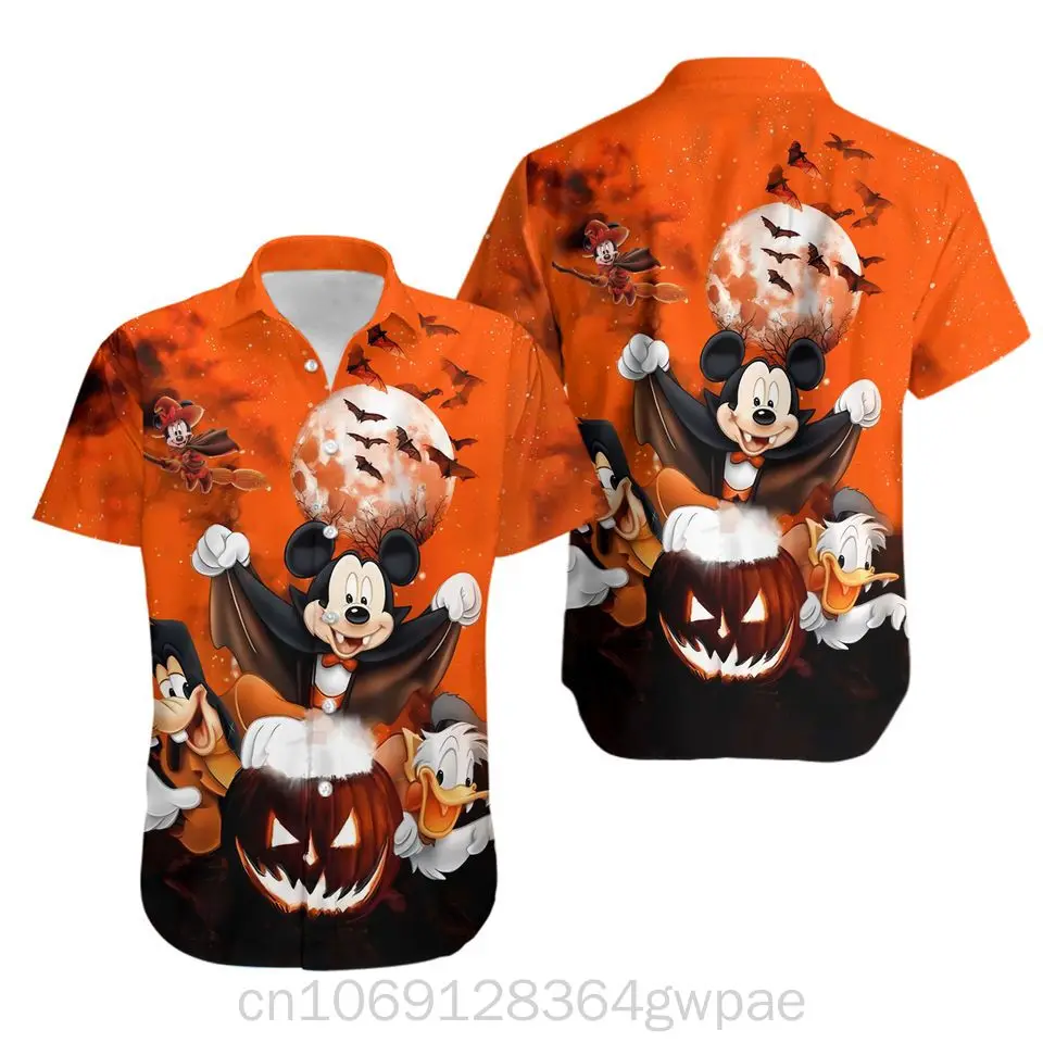 Disney Mickey ปาร์ตี้ฮาโลวีนเสื้อฮาวายผู้ชายและผู้หญิงเสื้อลําลองแขนสั้น Disney Holiday Beach เสื้อ Tops