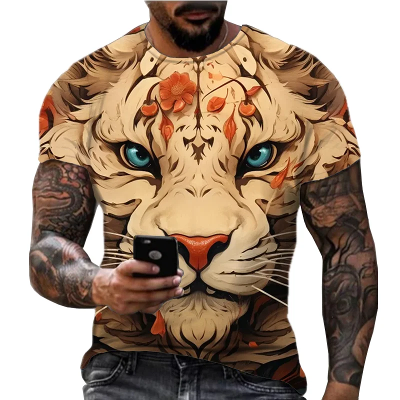 2024 New Men's 3D Printed Animal Lion Cat Harajuku Fashion Casual Loose Large Round Neck Short Sleeve T-shirt