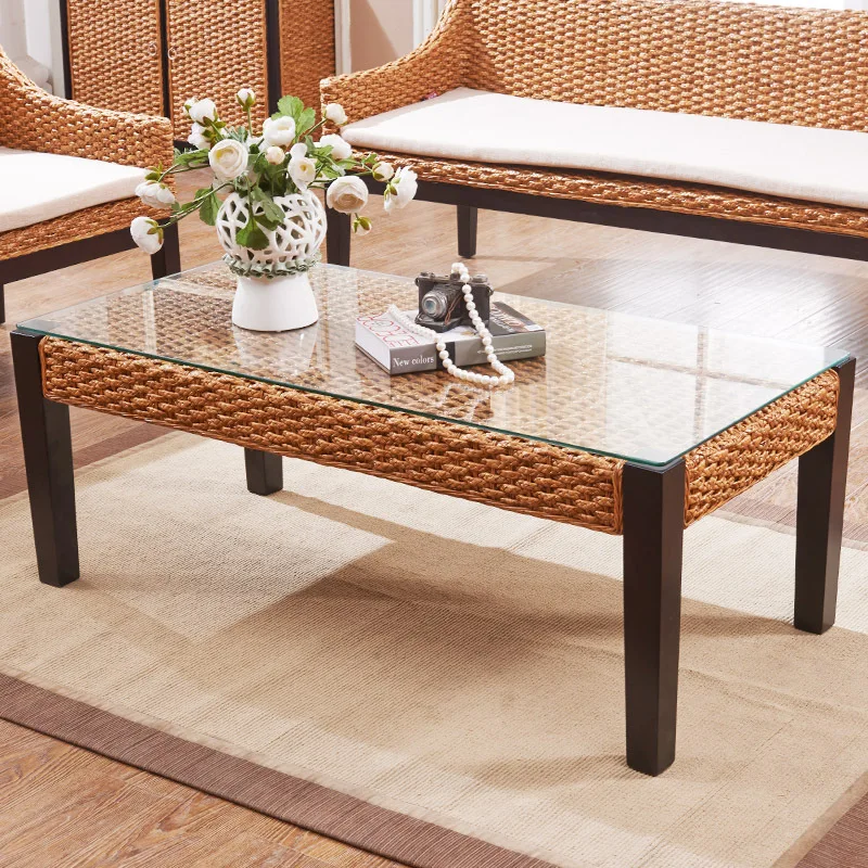 Coffee table rectangular rattan dining table dual-purpose modern minimalist small-sized bay window table living room glass tea