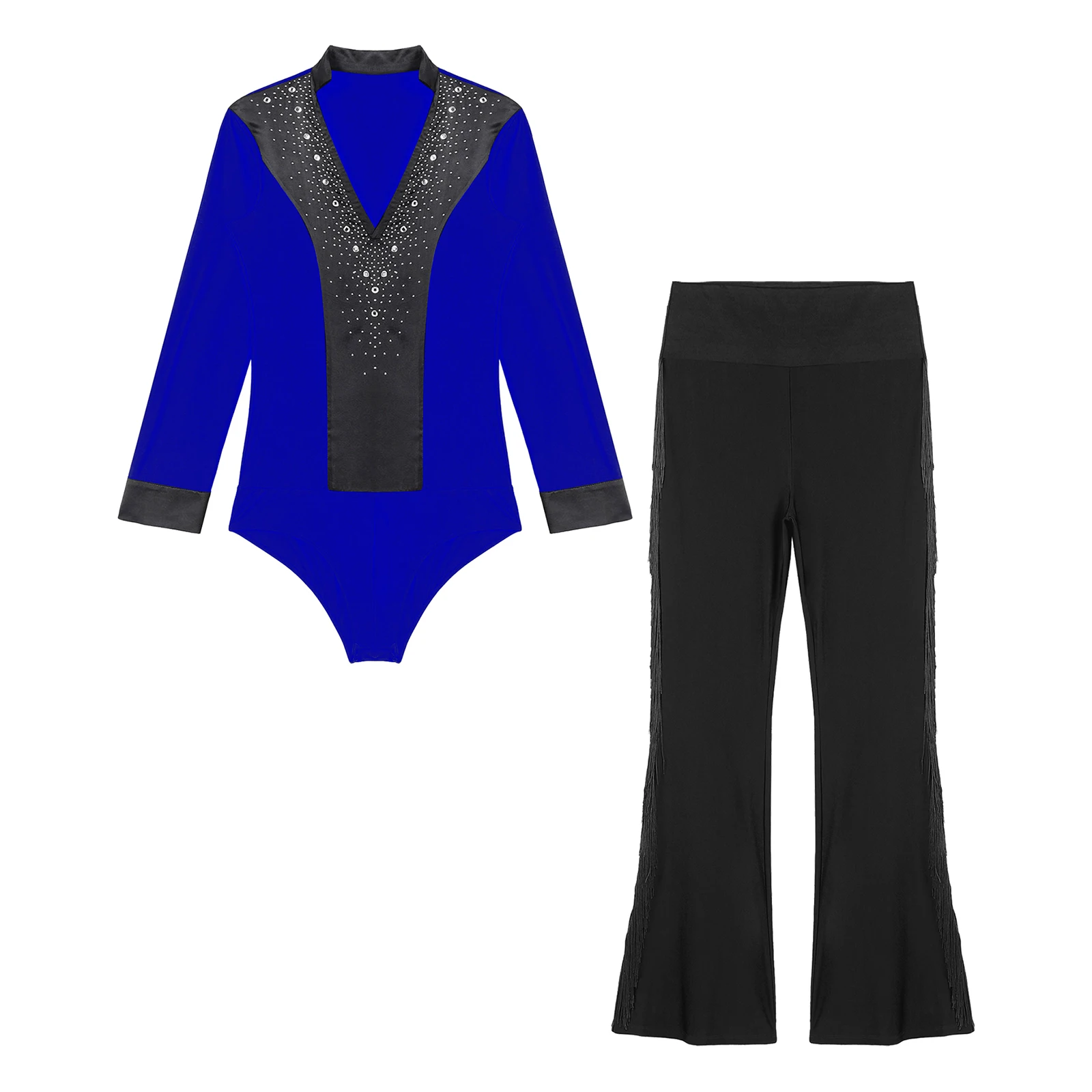 بدلة رقص للرجال مكونة من قطعتين لملابس السالسا التانغو اللاتينية على الجليد ملابس أداء مرقعة برقبة على شكل حرف v مع بنطال متوهج بشراشيب
