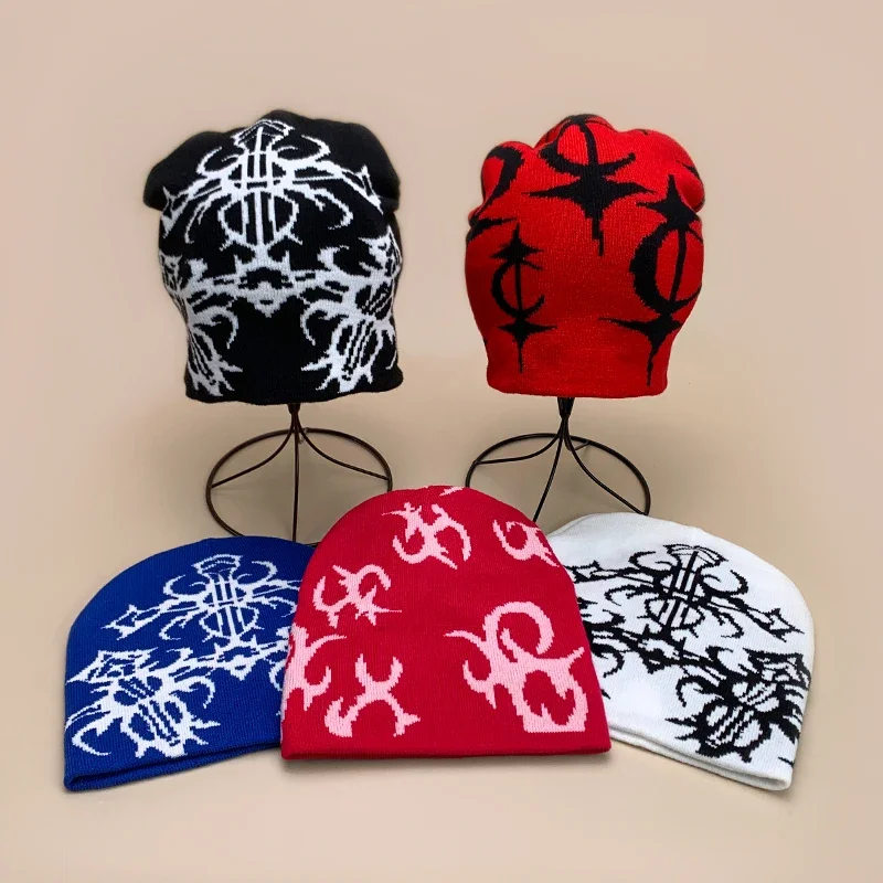 Gorros de lana tejidos con patrón de estilo europeo, novedad de otoño e invierno, cálidos, versátiles, estilo hip hop y skate, gorros tipo beanie de moda.