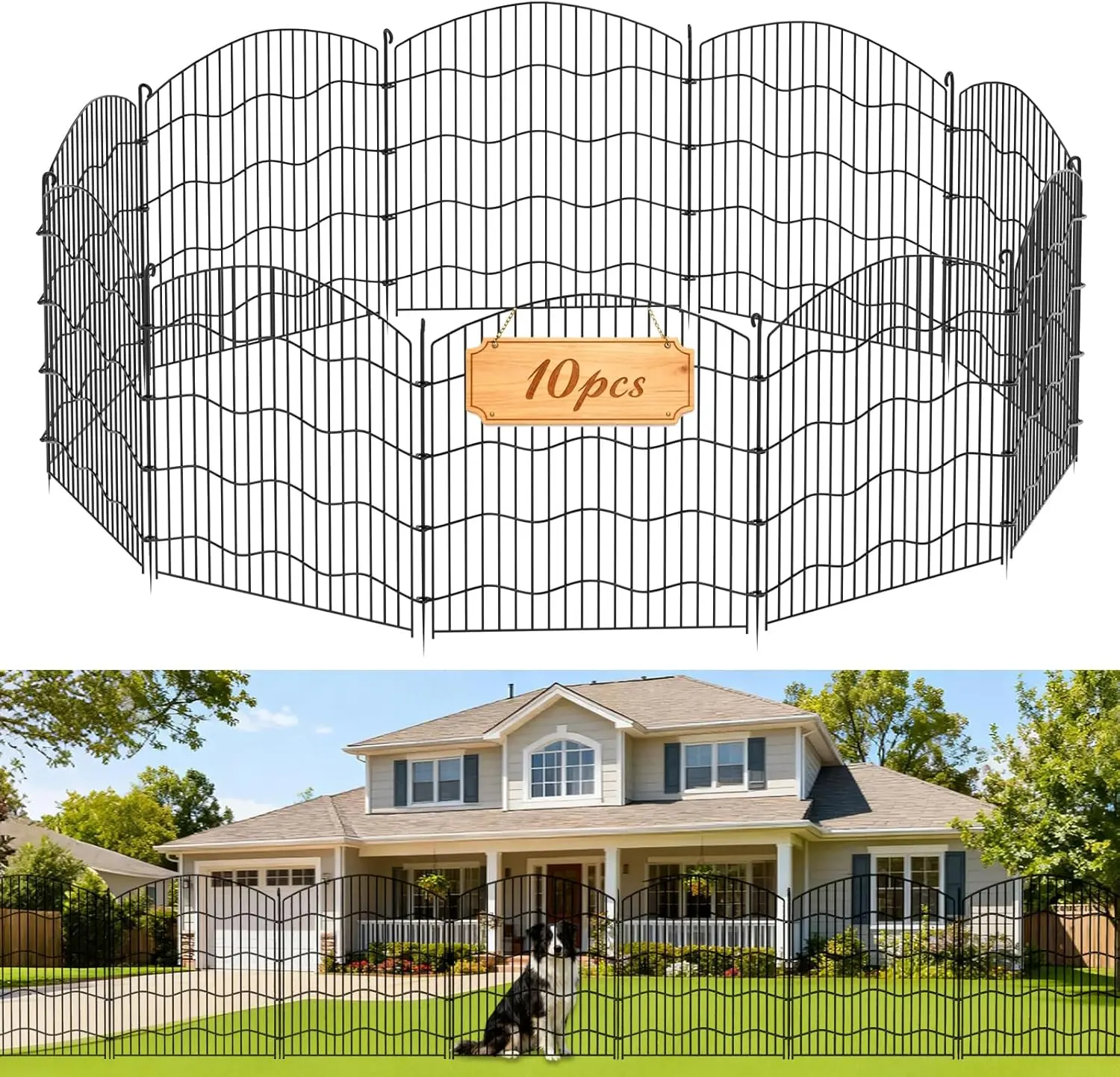 

10-Panel No Dig Garden Fence, 31in High x 24ft Long Black Metal Animal Barrier for Dogs and Rabbits