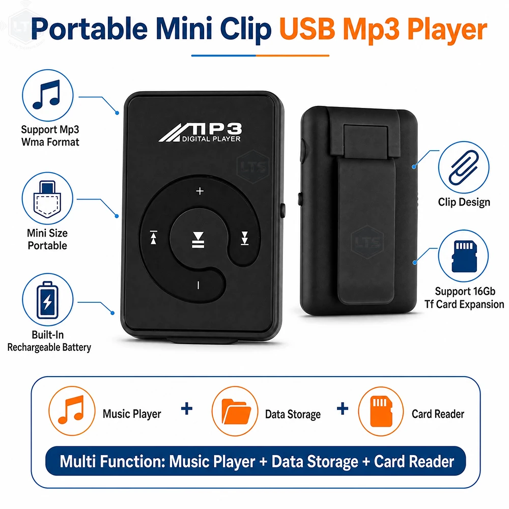 C Key Portable HiFi Mini Clip USB MP3 Player Walkman Music Support Micro TF Card Expandable Up To 16GB Outdoor Sports Walkman