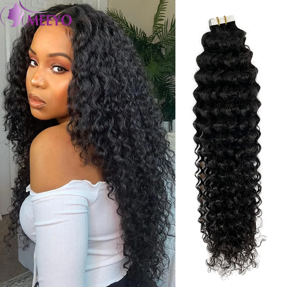 Deep Wave Tape In Hair Extensions Skin Weft Adhesive Natural Black Tape In Curly Human Hair Extension 16-26 Inch Brazilian Hair