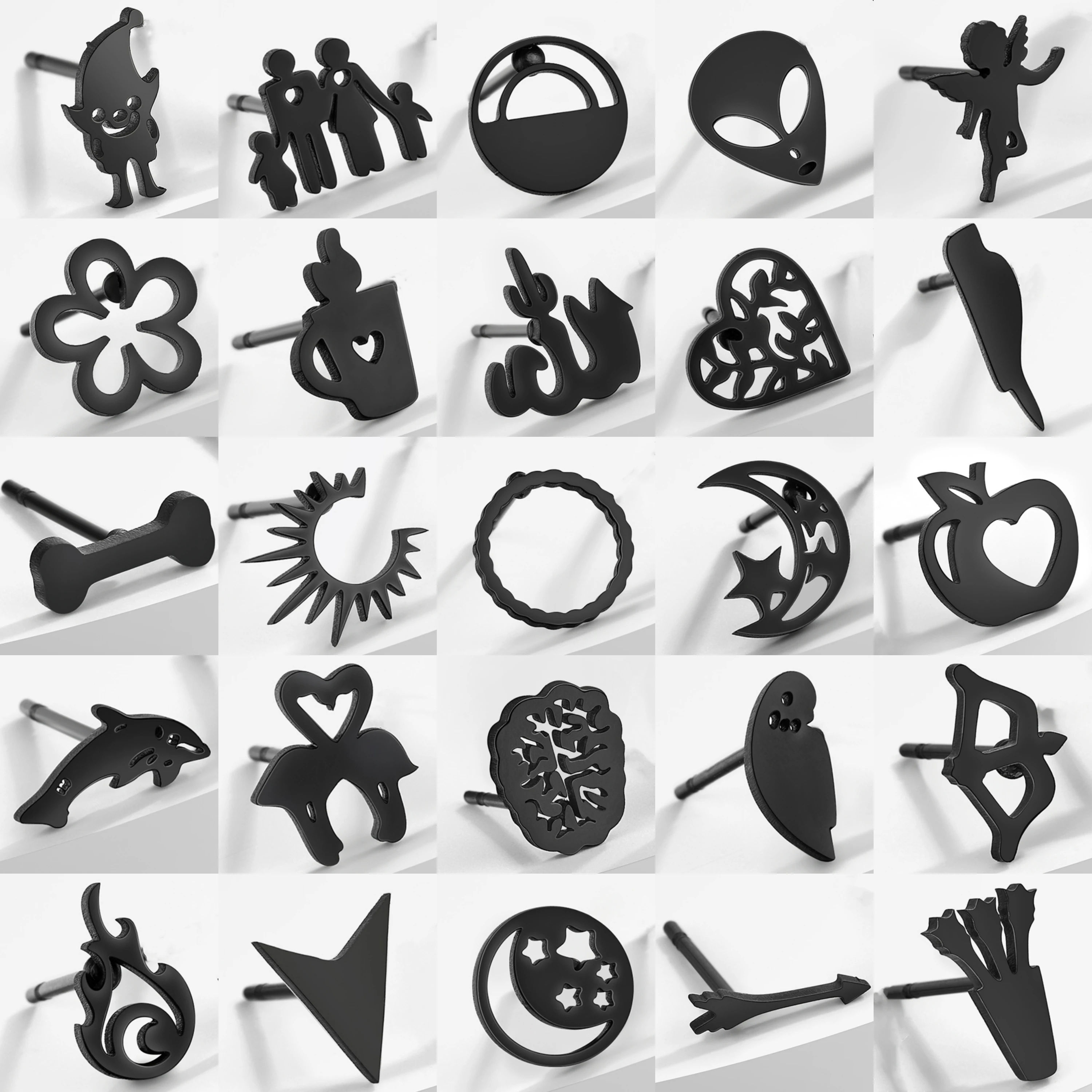 

Hip Hop Punk Men Black Ear Stud Stainless Steel Earrings for Women Flower Moon Sun Fire Cupid Cartilage Piercing Studs Jewelry