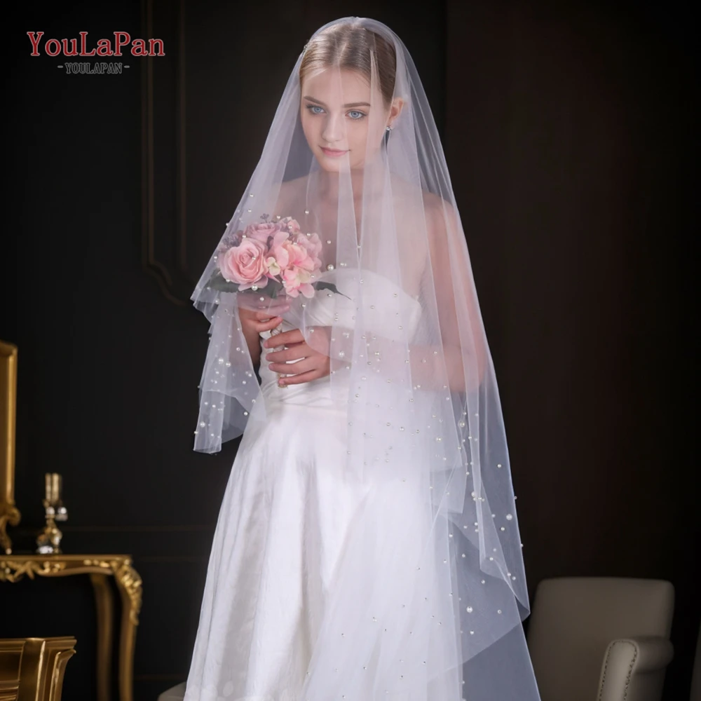 

YouLaPan V171 Pearl Wedding Veil with Blusher 2 tiers Bridal Veil Cathedral Length Drop Veil with Beaded Wedding Accessories