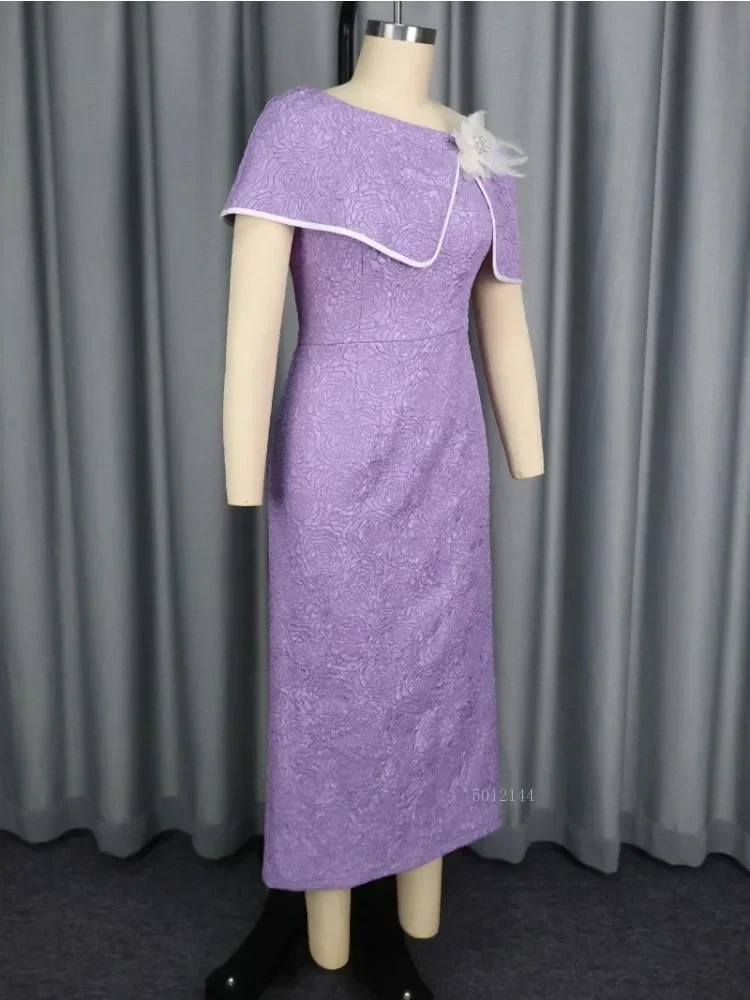 2026 Purple Jacquard Slim Fit Asymmetrical Dress with Feather Decoration Cape Sleeve Elegant Party Wedding Guest Gown