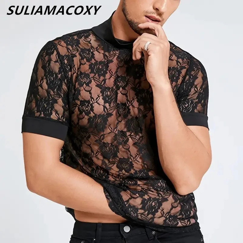 

Men's Turtleneck Lace Rose See-through T-shirt Beach Casual