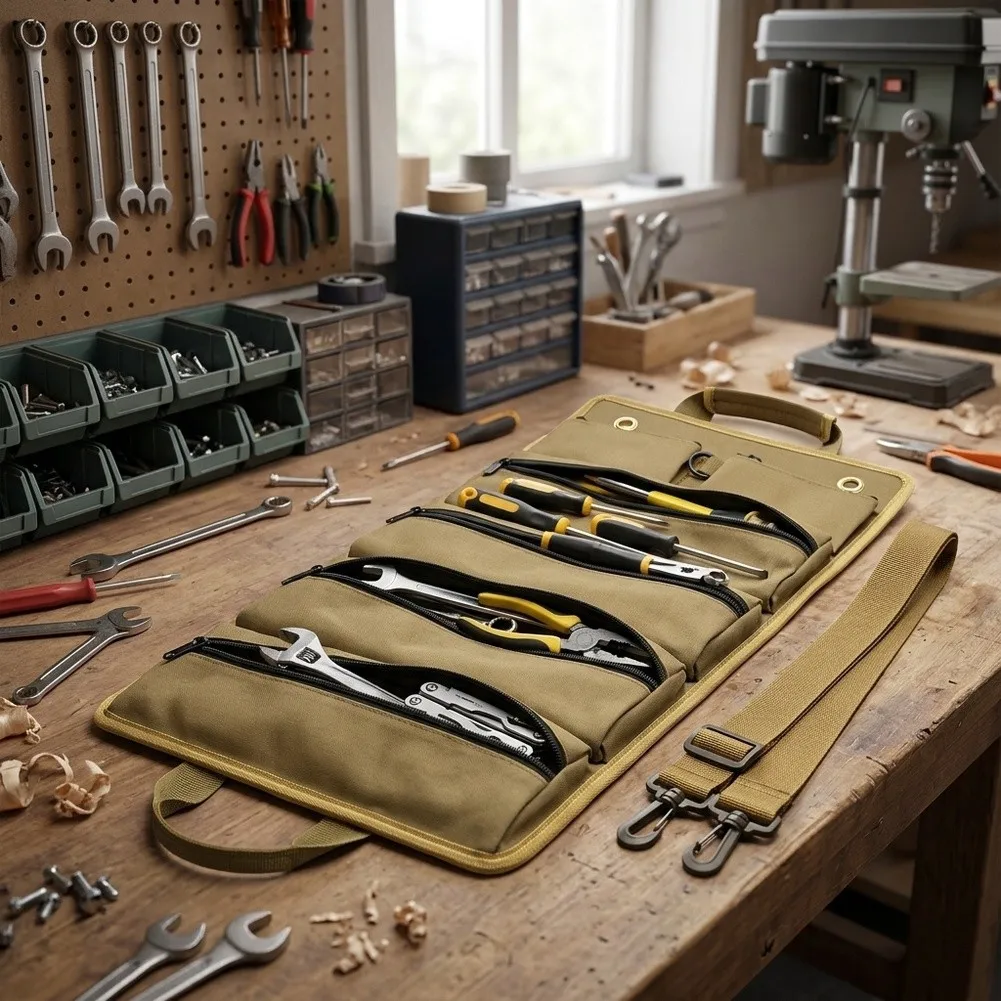 Compact Tool Storage Bag Oxford Fabric Roll Up Design 49.5x32x6.5cm with Zippers and Adjustable Shoulder Strap