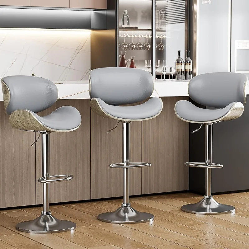 Bar Stools Set of 3, Bentwood Adjustable Height Swivel Bar Stools, PU Leather Upholstered Bar Chair with Back and Footrest