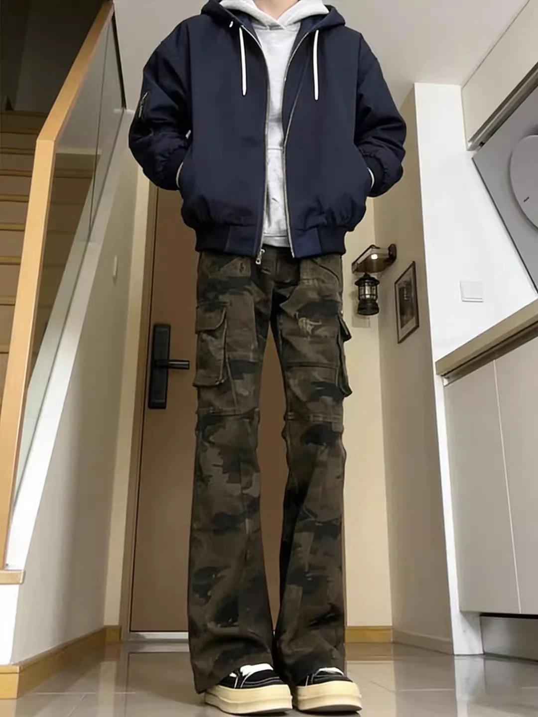 

American Camouflage Fleece Lined Straight Leg Workwear Jeans Men's Autumn Winter High Street Vibe Knife Flared Pants