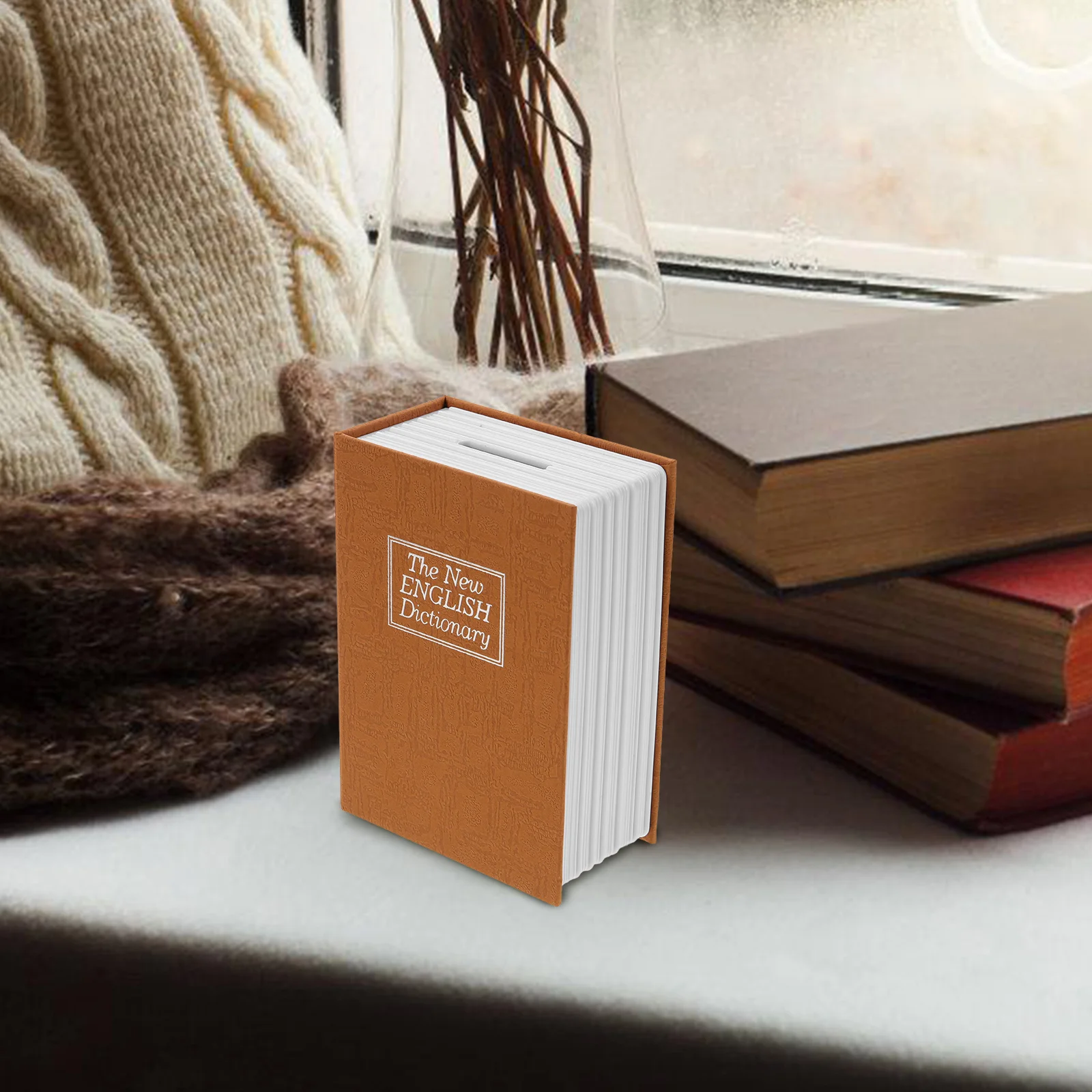 

Simulated Book Safe Storage Box Creative Piggy Bank Coffee Color Mini Money Pot with Lock Decorative Saving Box