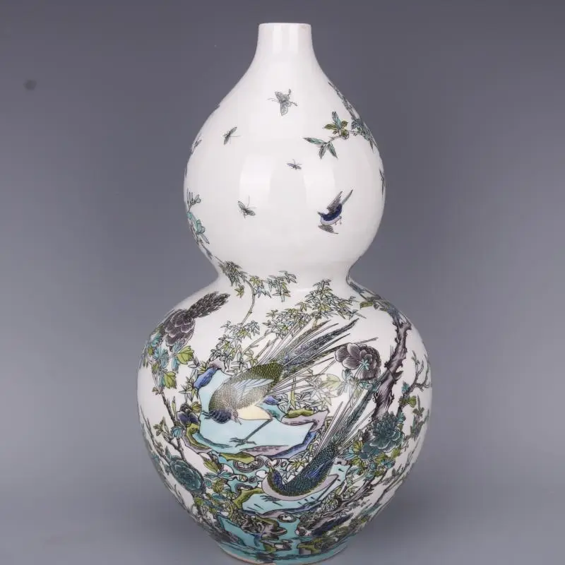 Древняя белая ваза Цин Кенси с бутылкой из цветов и птичьей тыквы, керамическая антикварная ремесленная фарфоровая домашняя китайская стиль