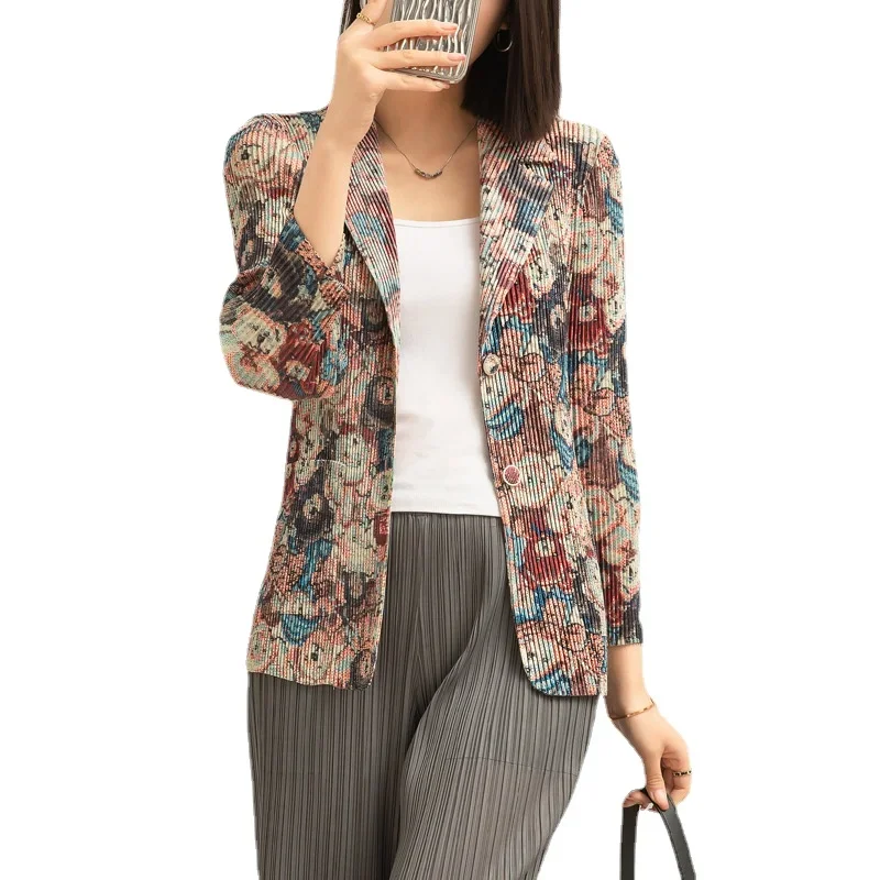 Miyake Pleated Printed Blazer Women\'s Design Niche Temperament Commuting Versatile Suit Collar Single-breasted Short Top