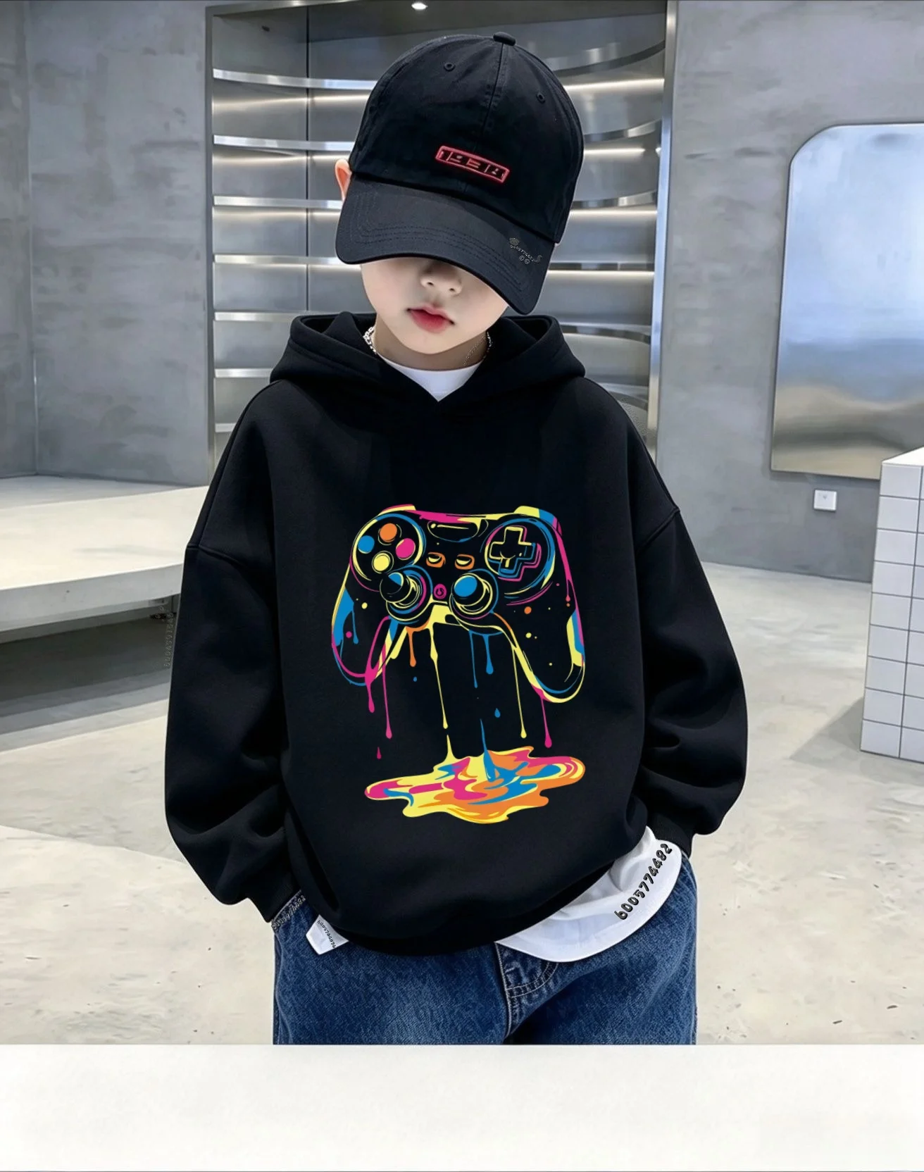 Moletom Infantil com Capuz para Outono e Inverno, Estampa Colorida de Controle de Jogo, Pulôver Casual Solto e Quente de Manga Longa