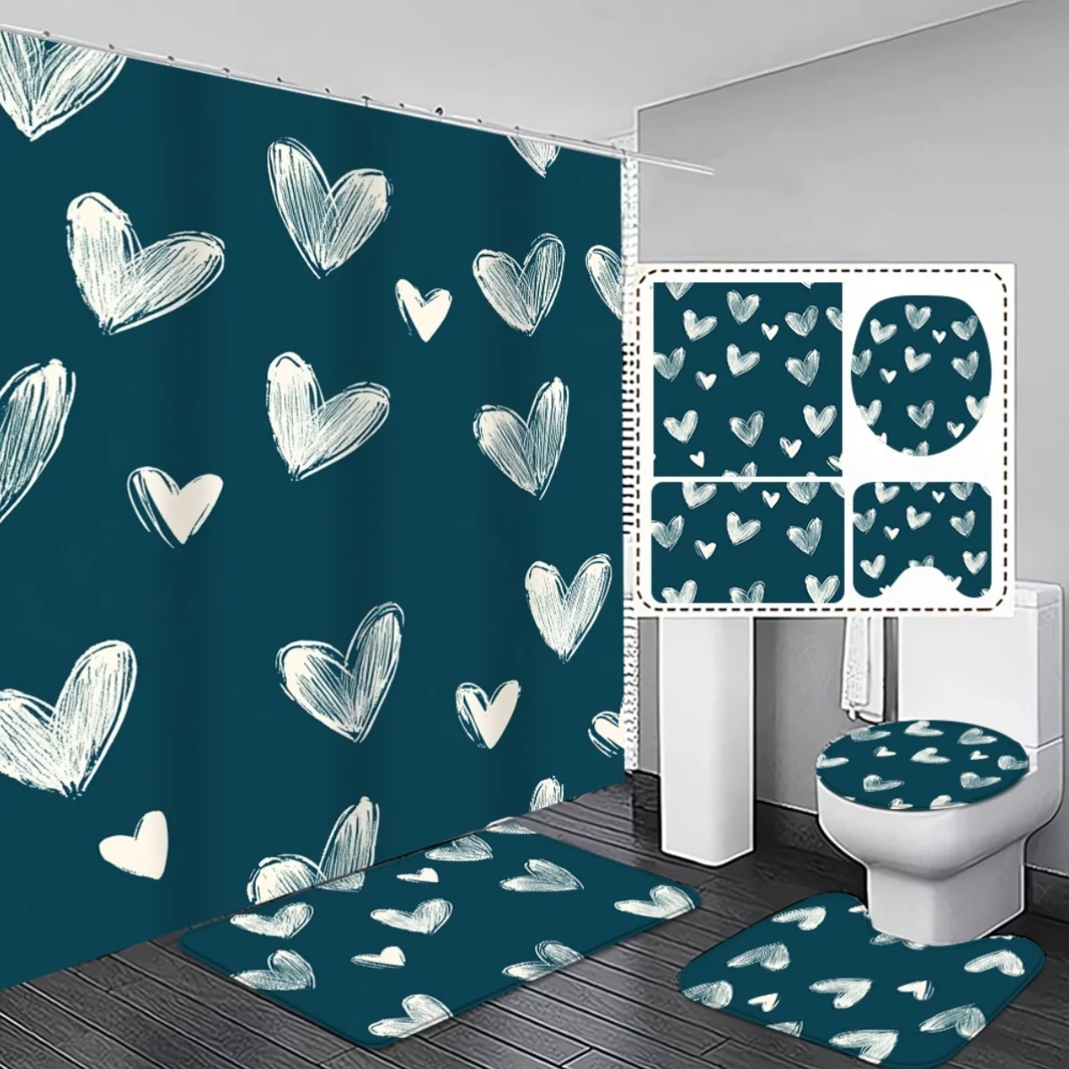 

4pcs. Fashionable and simple Custom Heart Print Shower Curtain and Non-Slip Bath Mat Set - Perfect for Romantic Bathroom