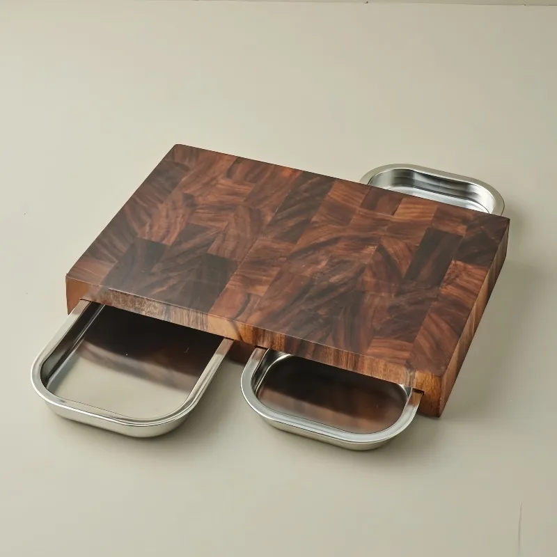 for Walnut Cutting Board with Stainless Steel Tray Fruit Chopping Block Household Kitchen Solid Wood Vegetable Prep Surface